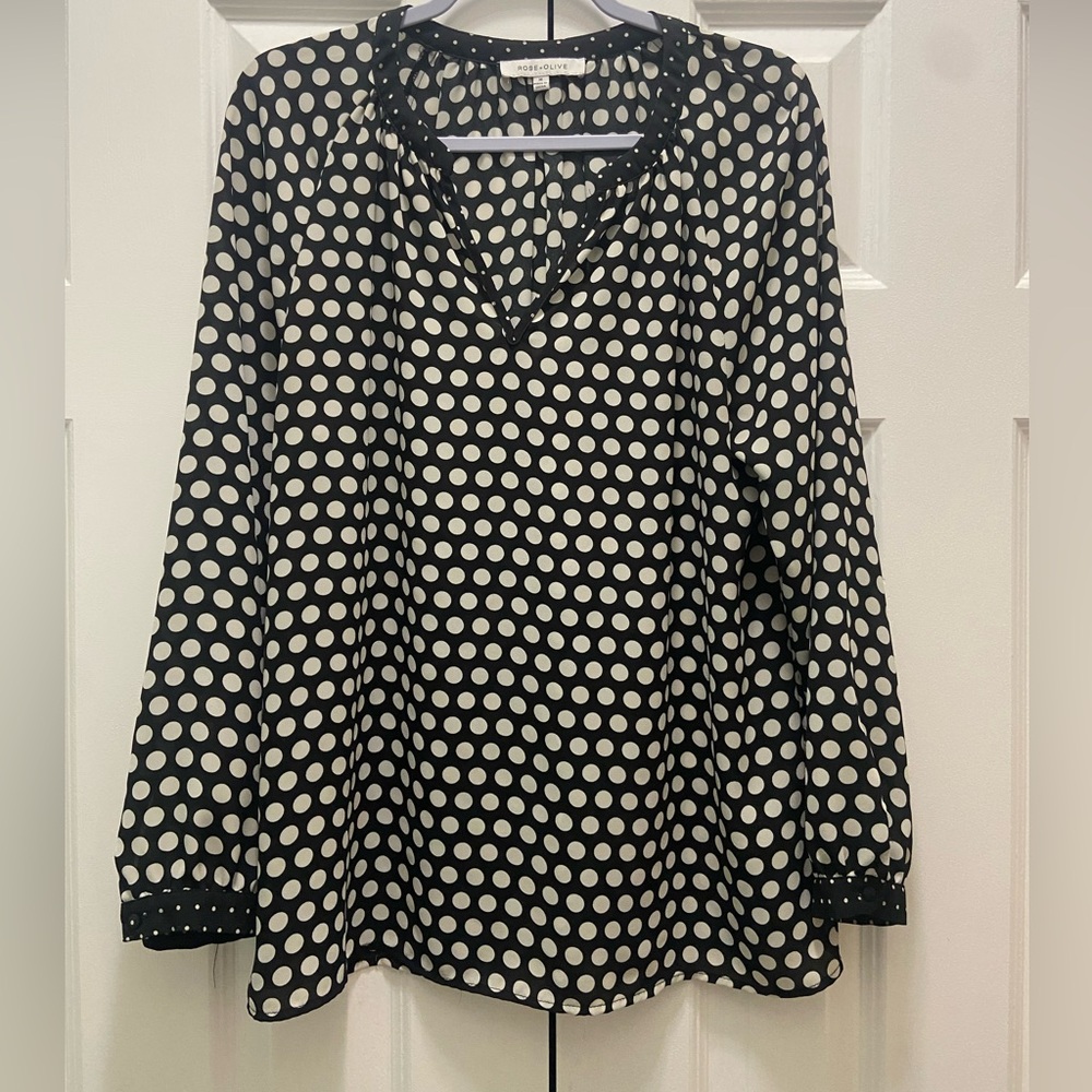 Rose + Olive Black and White Polka Dot Long Sleeve Blouse
